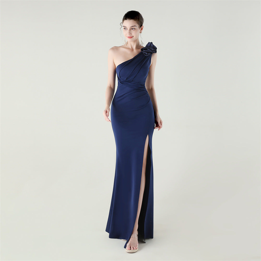 One Shoulder Three Dimensional Flower Satin Folding High Slit Sexy Evening Dress Dinner Wedding Social