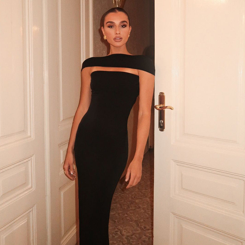 the off Shoulder Collar Wrapped Chest Backless Solid Color Tight Sheath Dress