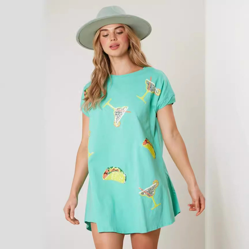 Beach Sequ Short Sleeve Loose Relaxed Dress