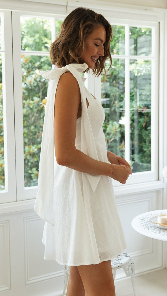 Cotton Kamila Linen Tie Strap Babydoll Dress White