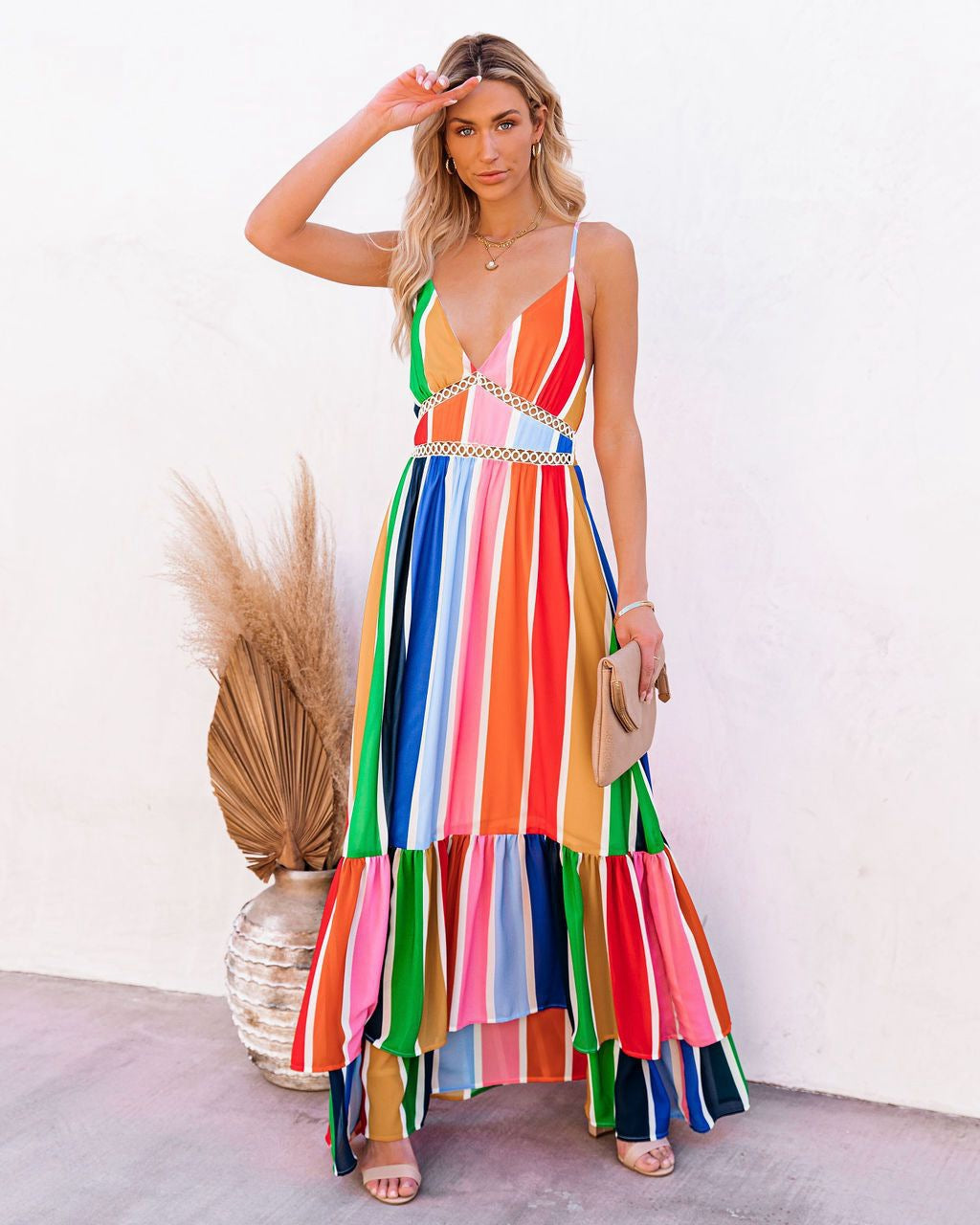Fiesta To Siesta Crochet Striped Maxi Dress Yellow Orange Multi