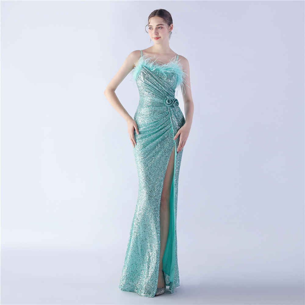 Ostrich Hair Craft Flower Wedding Annual Meeting High End Evening Dress