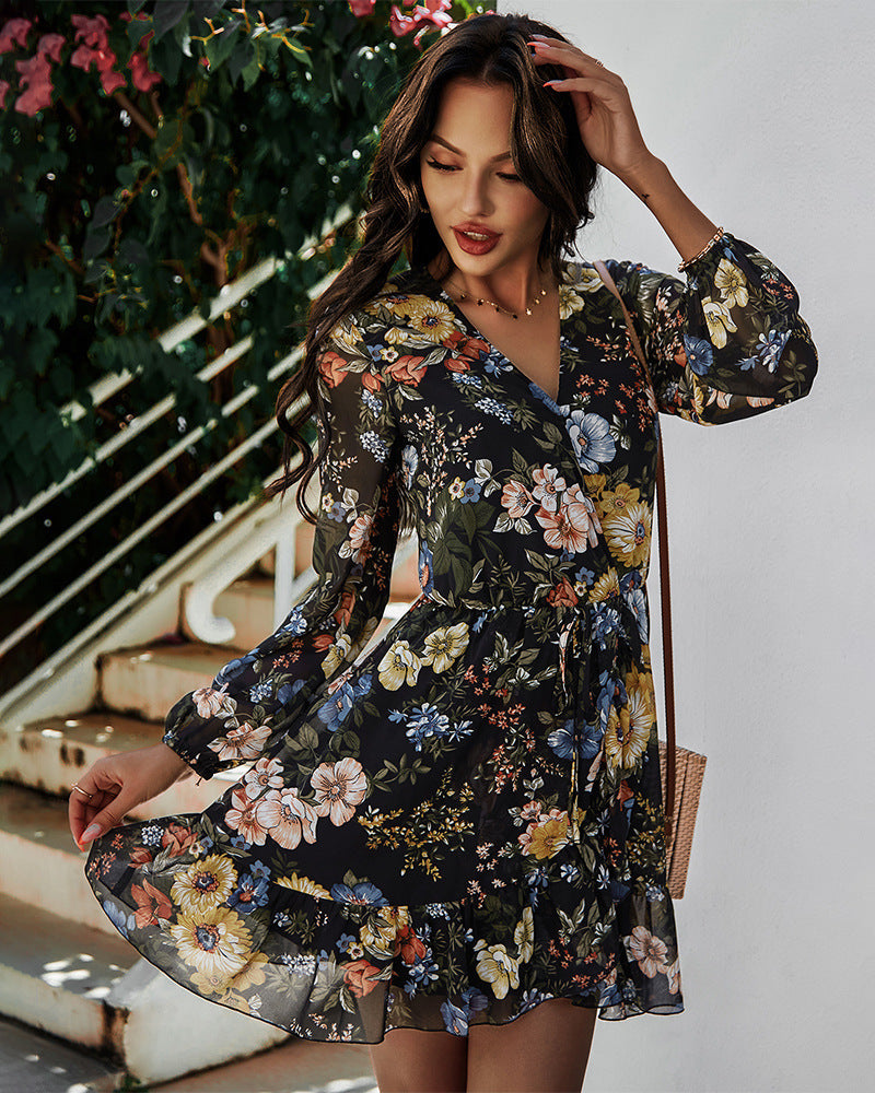 Palazzo Flower Ruffle Wrap Dress