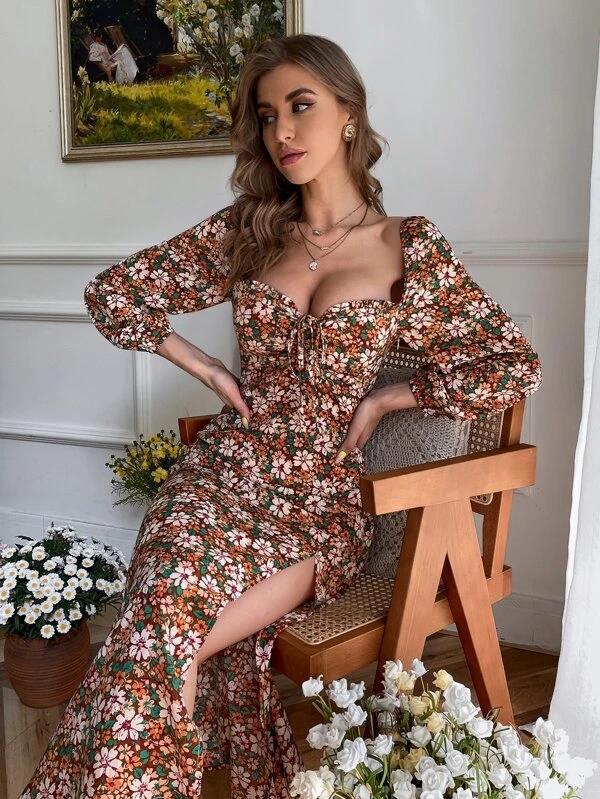 Raissa Flower High Low Midi Dress Black Multi
