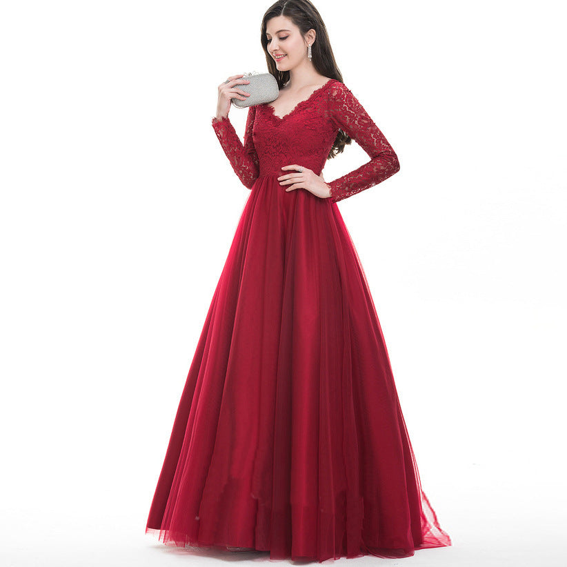 Women Mesh Lace Long Long-Sleeved Wedding Bridal Gown Dress Evening Maxi Dress