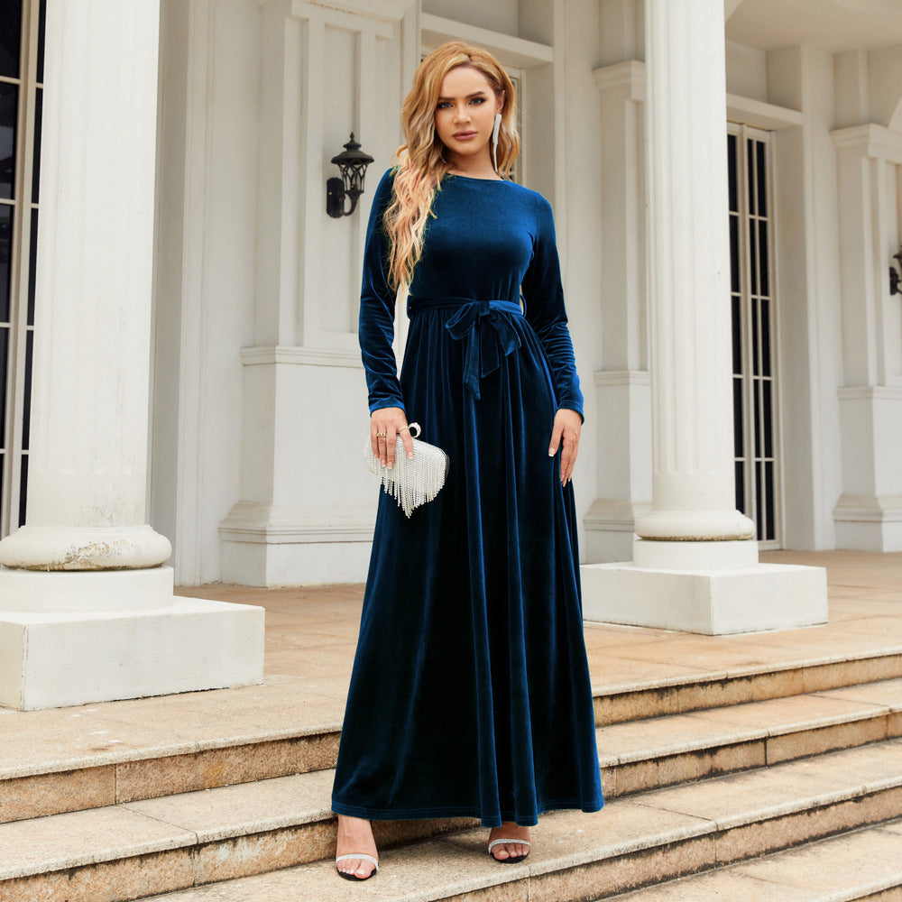 Autumn Winter Refined Graceful Socialite Maxi Dress Gold Velvet Solid Color High Grade Dress