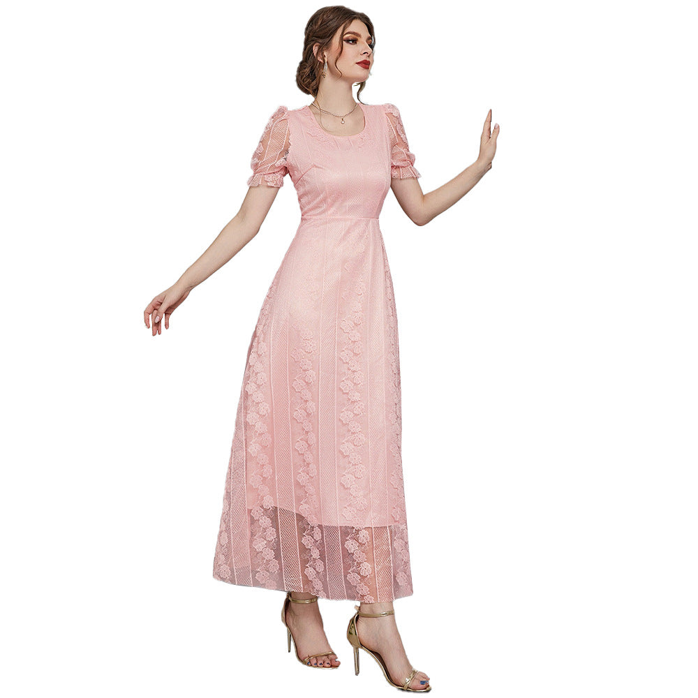 French Minority Spring Summer Slimming Mesh Stitching U Collar Solid Color Dress Maxi Dress Women Clothing