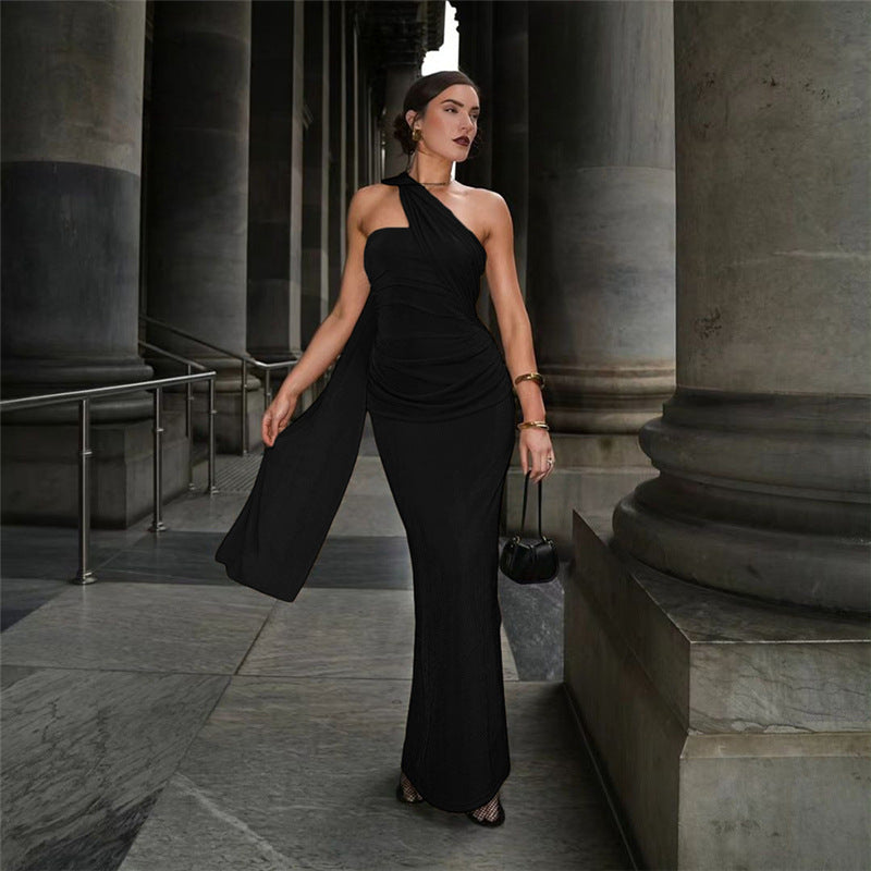 Fit Slim Backless Tube Top Ribbon Halter Pleated Solid Color Maxi Dress Evening Dress