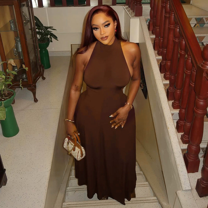 Graceful Women Tight Waist Sexy Slim A line Dress round Neck Sleeveless Solid Color Maxi Dress