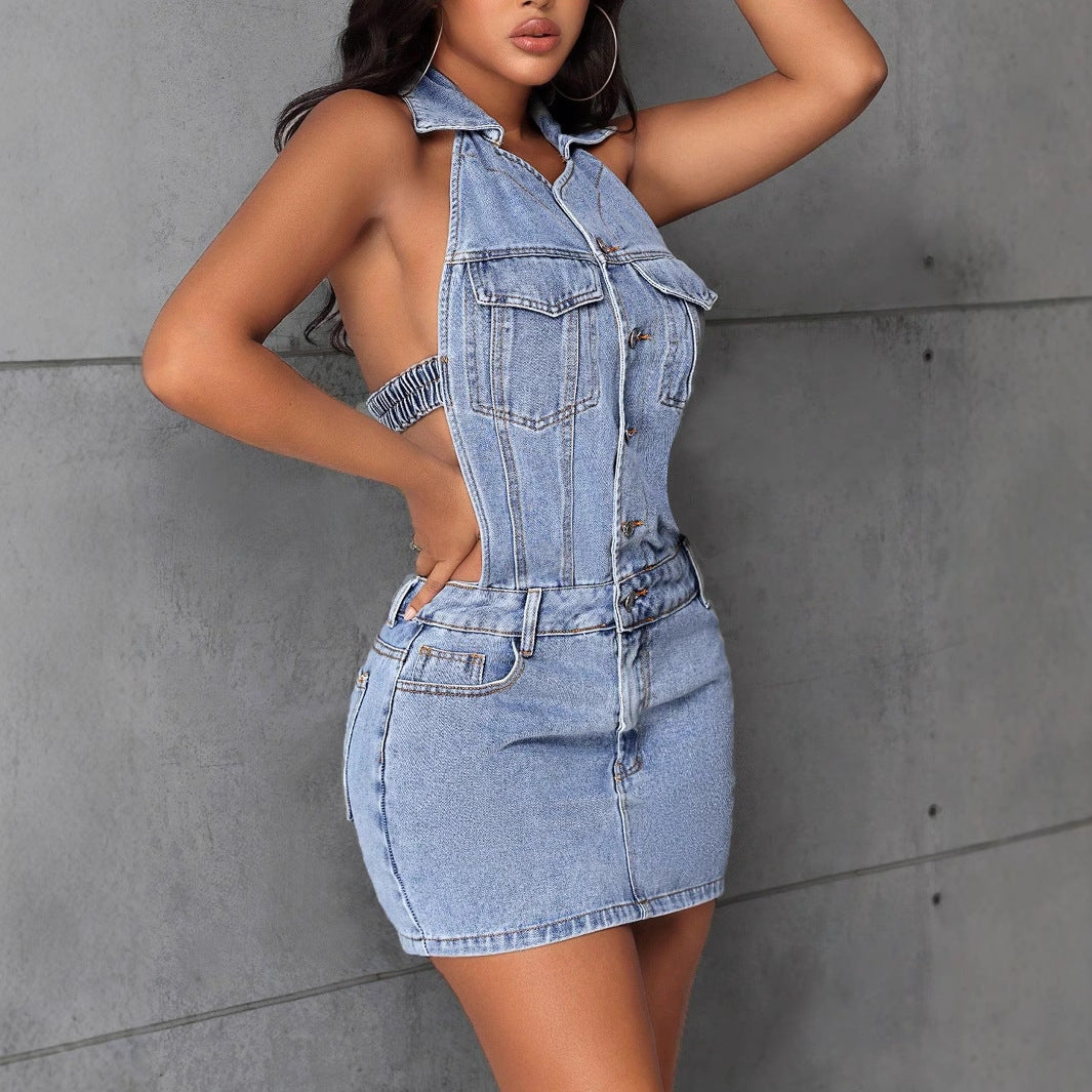 Backless Halter Denim Dress