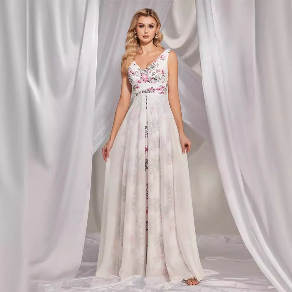 White Chiffon V Collar Printed Dress Slim Fit Maxi Dress Cocktail Evening Dress Bridesmaid Dress for