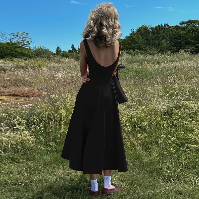 Color Solid Sleeveless Waist Slim Backless Dress