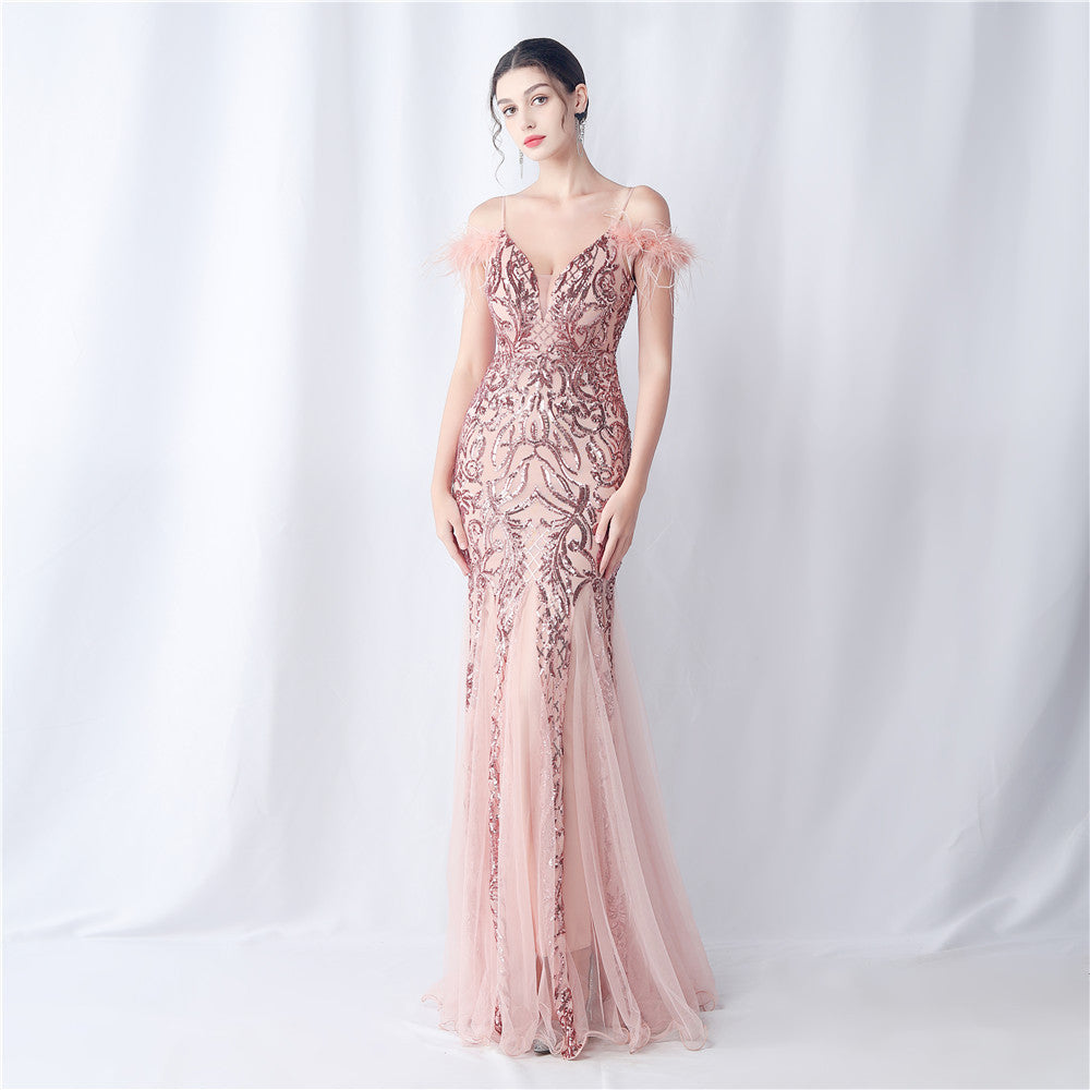 Ostrich Feather Craft Mesh Positioning Flower Sequin Annual Meeting Wedding Evening Dress