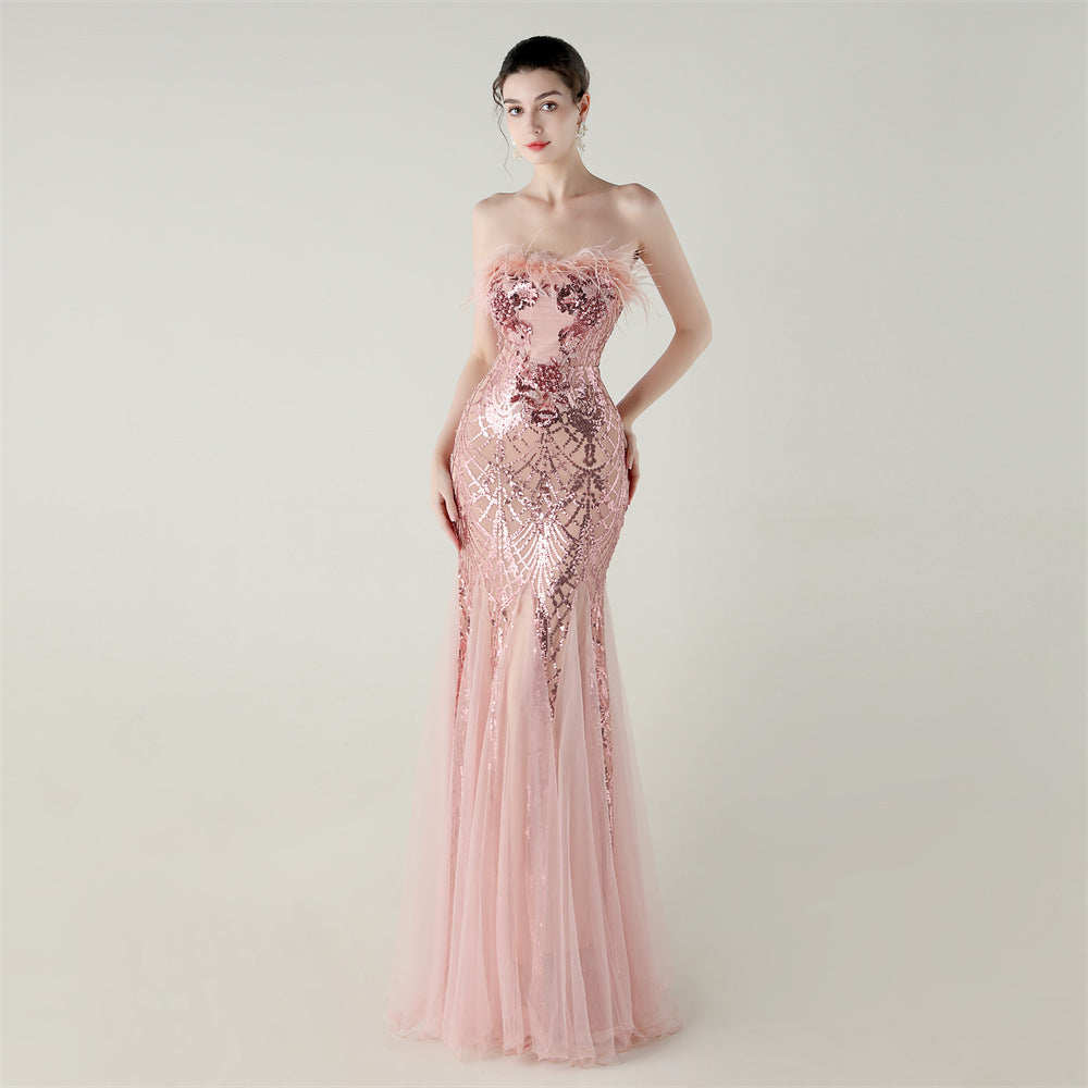 Sequin Beaded Tube Flower Ostrich Feather Tube Top Cross Strap Mesh Fishtail Evening Dress Cocktail Wedding