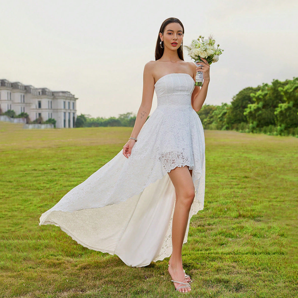 Graceful Casual Dress Tube Top Lace Ruffled Vacation Wedding Dress