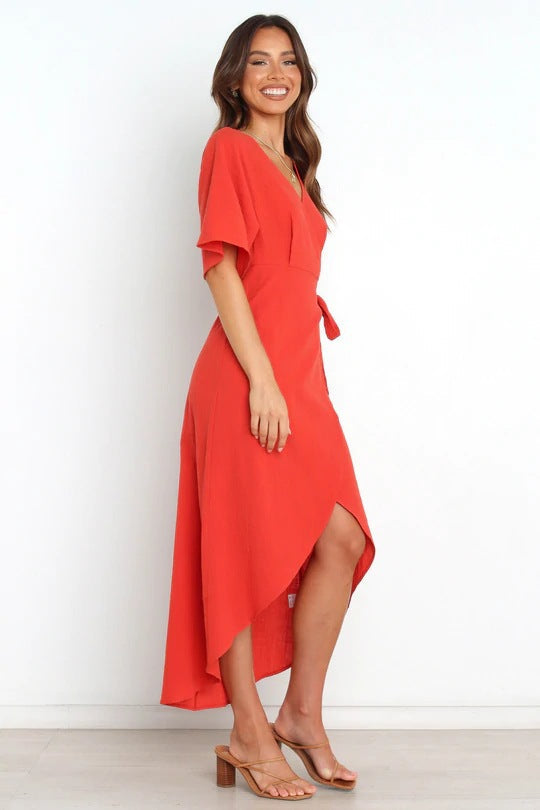 Ruffle Santos Wrap Midi Dress Rust