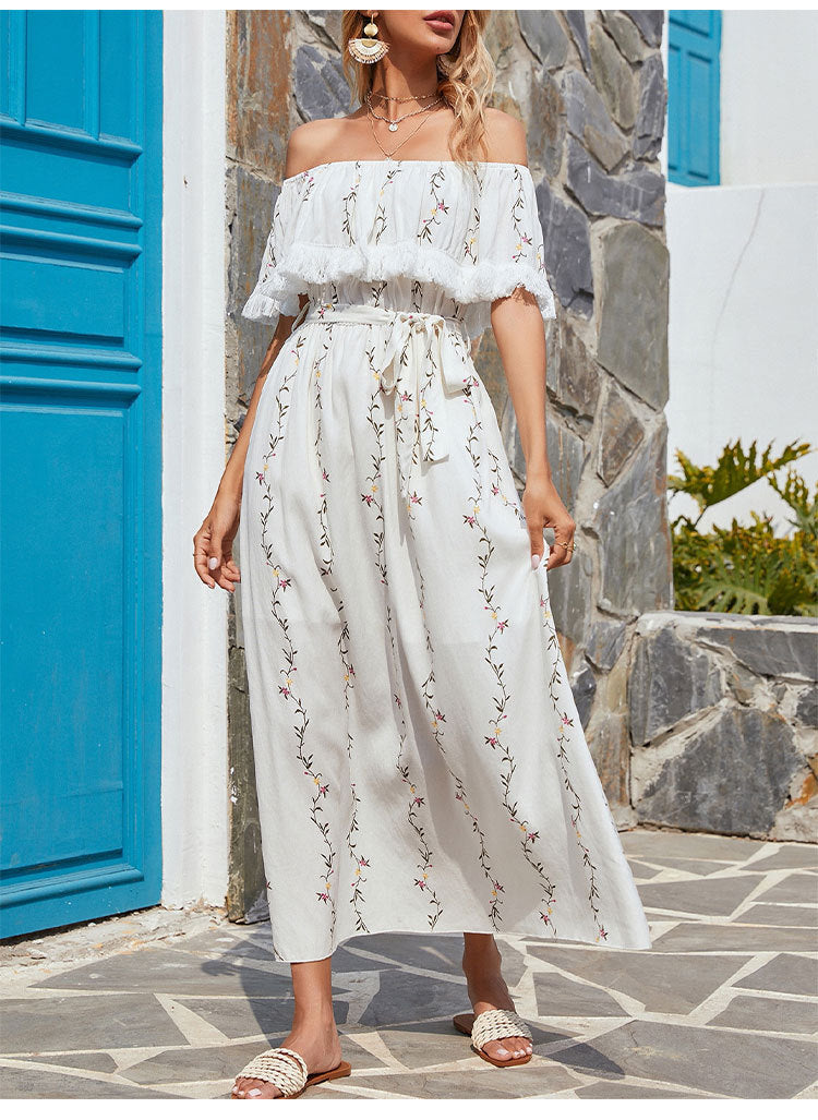 Embroidered Villa Off The Shoulder Chiffon Midi Dress