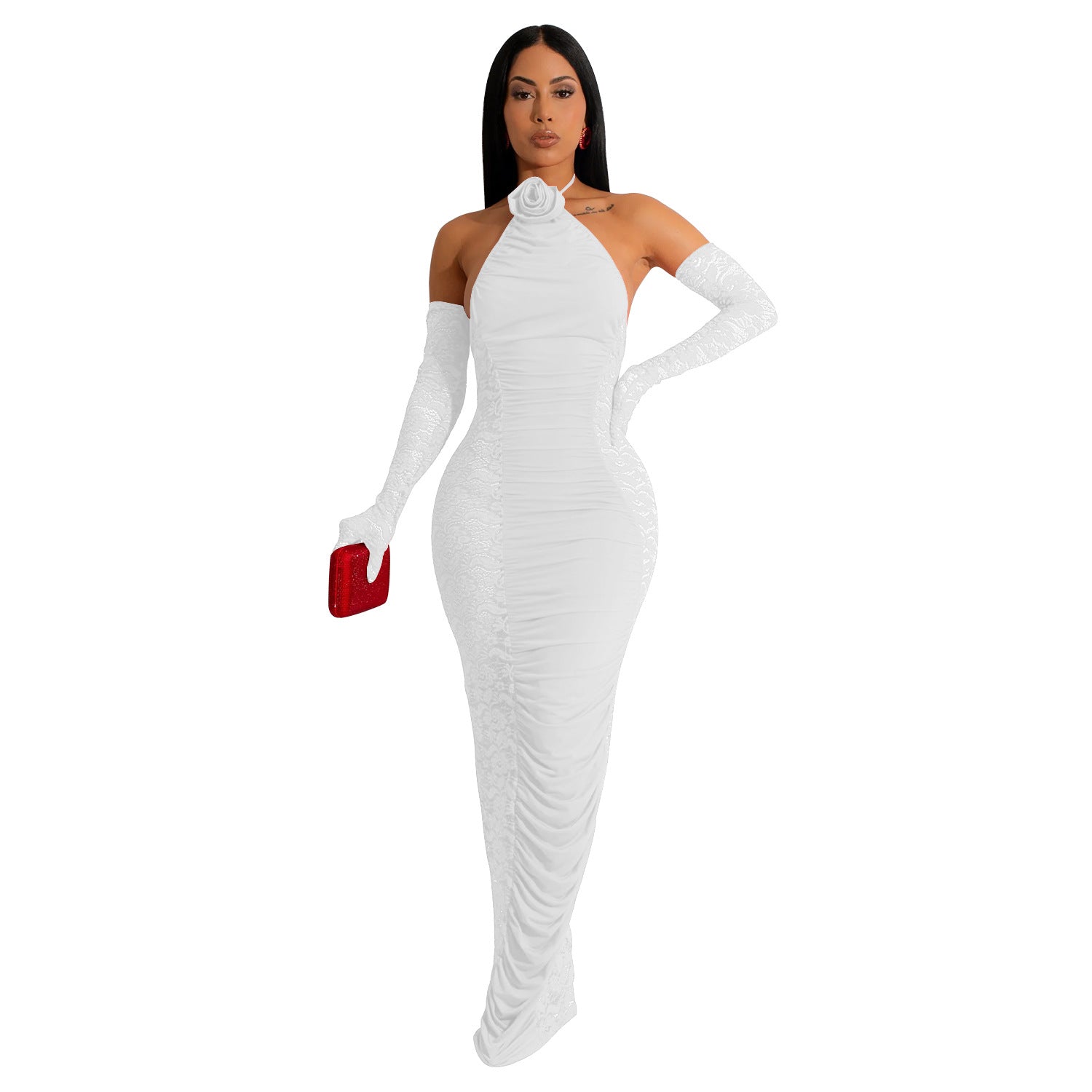 Women Solid Color Sleeved Cover Hollow Out Cutout Lace Maxi Dress Women