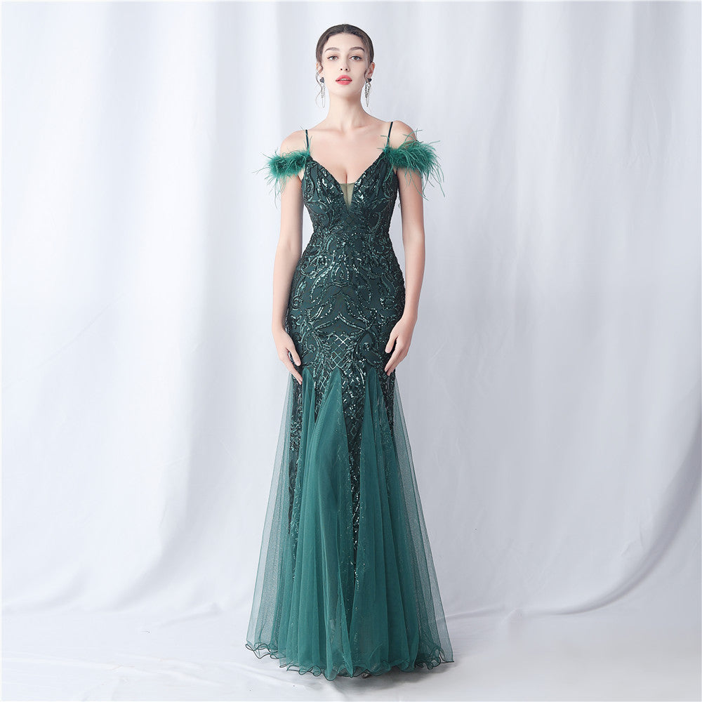 Ostrich Feather Craft Mesh Positioning Flower Sequin Annual Meeting Wedding Evening Dress