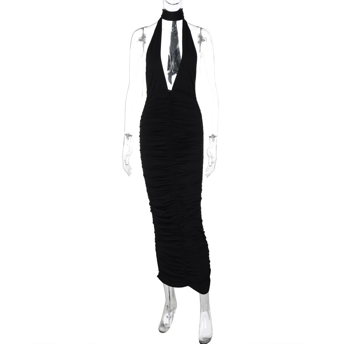 Color Solid Deep V Plunge neck Halter Backless Slim Fit Dress