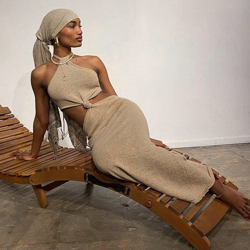 Cotton Rita Cutout Halter Midi Dress Sand