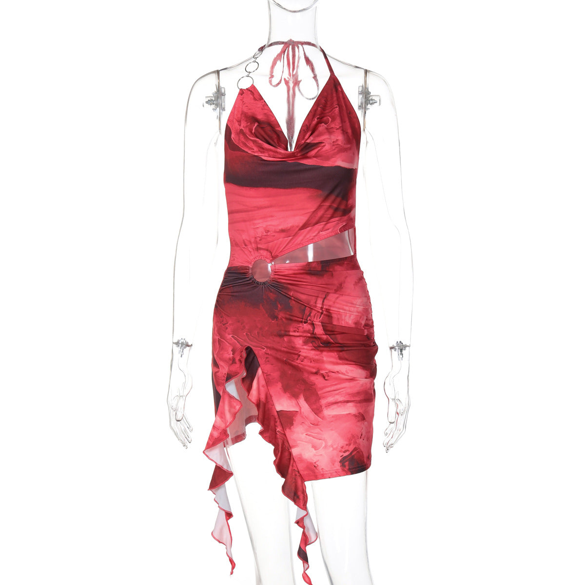 Backless Printing Lace up Dress