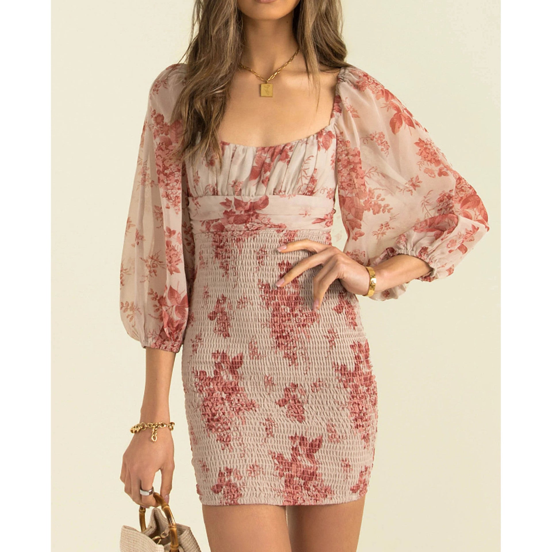 Emberly Linen Botanical Puff Sleeve Mini Dress Ivory Multi