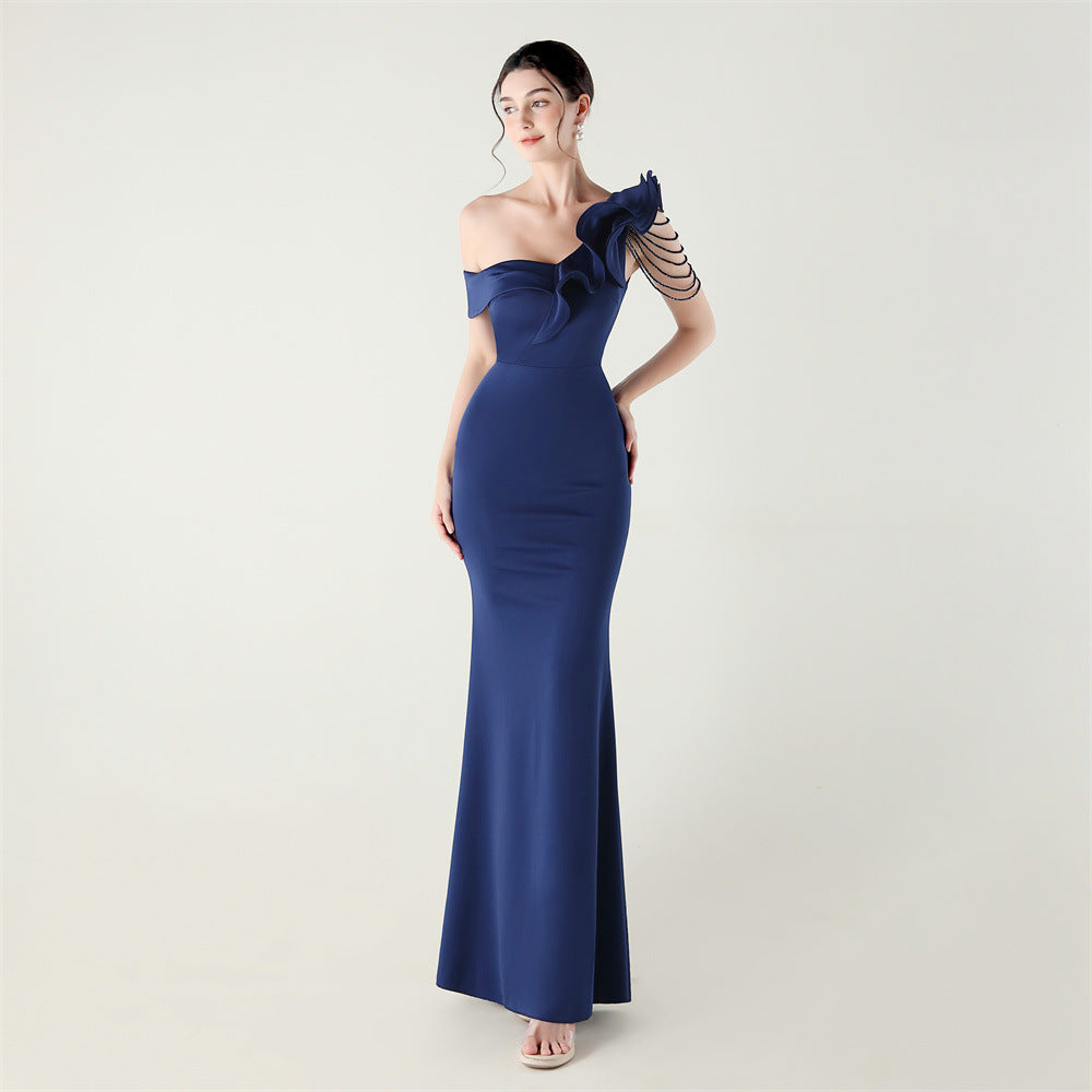 Ruffled One Shouldered Heavy Industry Beads String Slim Fit Satin Fishtail Evening Dress Wedding Red Carpet Cocktail Dress