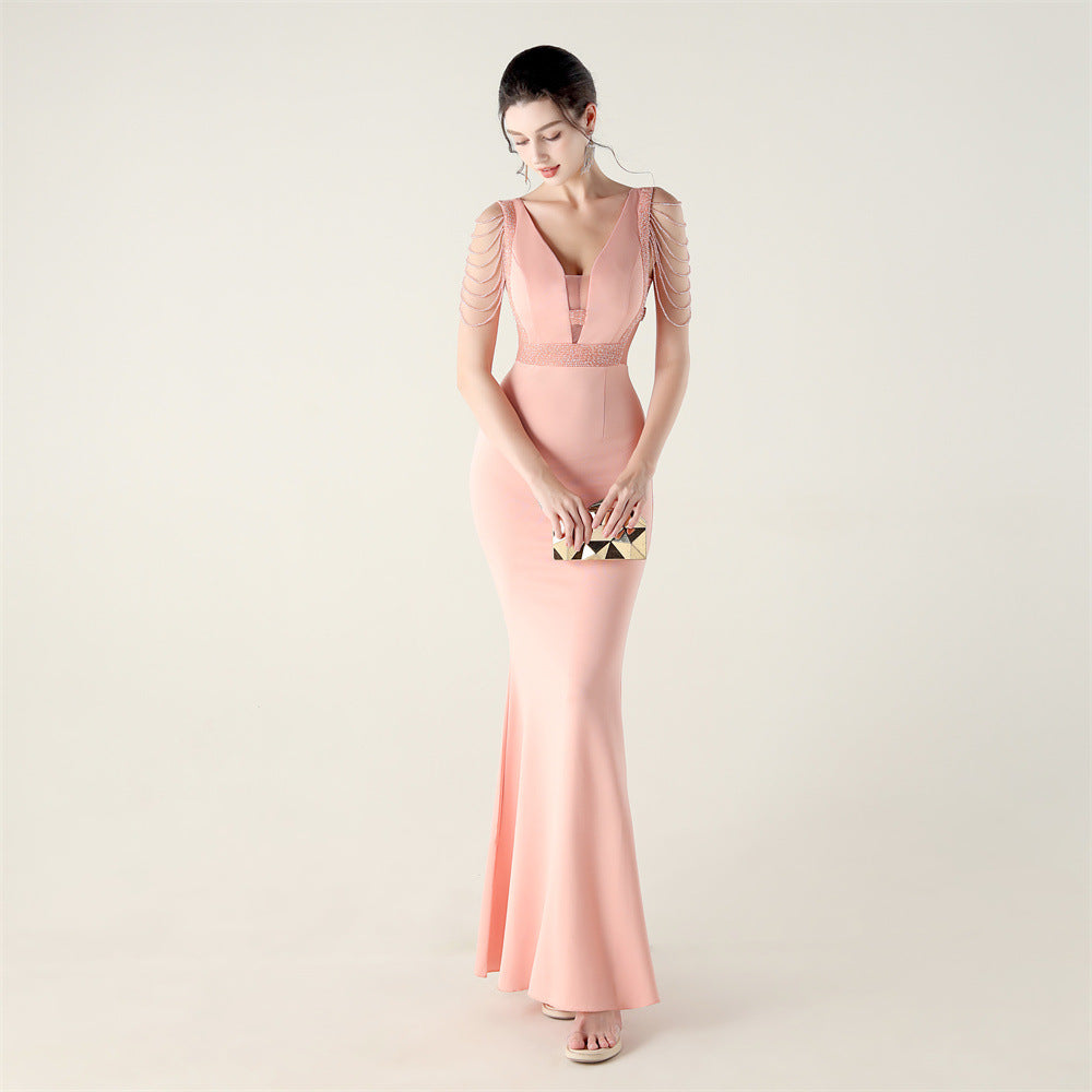 Deep V Plunge neck High Density Beaded Decoration Slim Slimming Evening Dress Cocktail Wedding Performance
