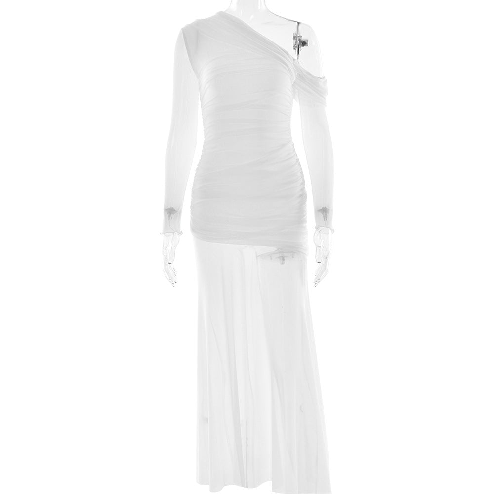 Women Dress Mesh Stitching Pleated Solid Color Long Sleeved Slim Fit Maxi Dress
