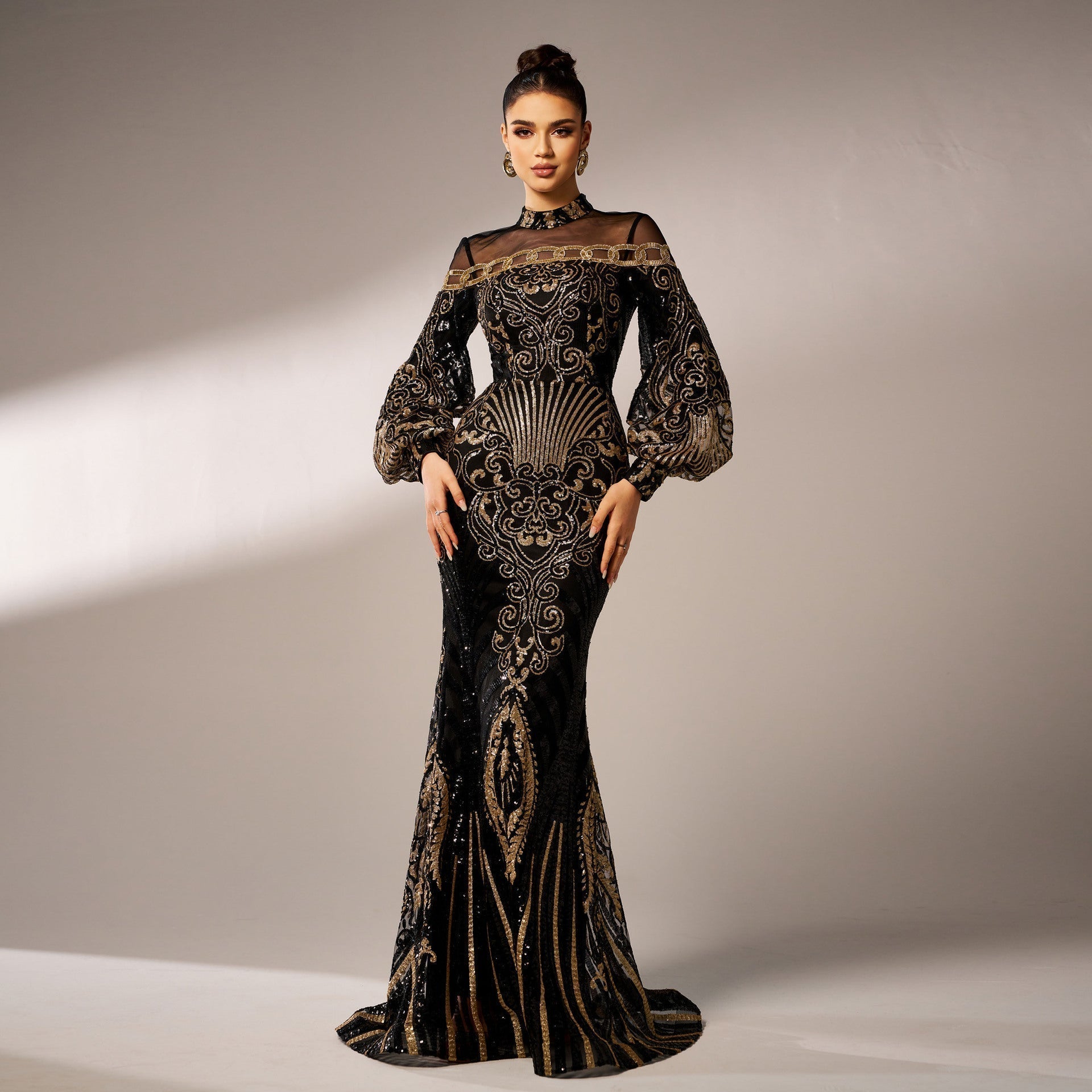 Sleeve Long round Neck Long Sequined Cocktail Mesh Fishtail Evening Dress Bridesmaid Dress