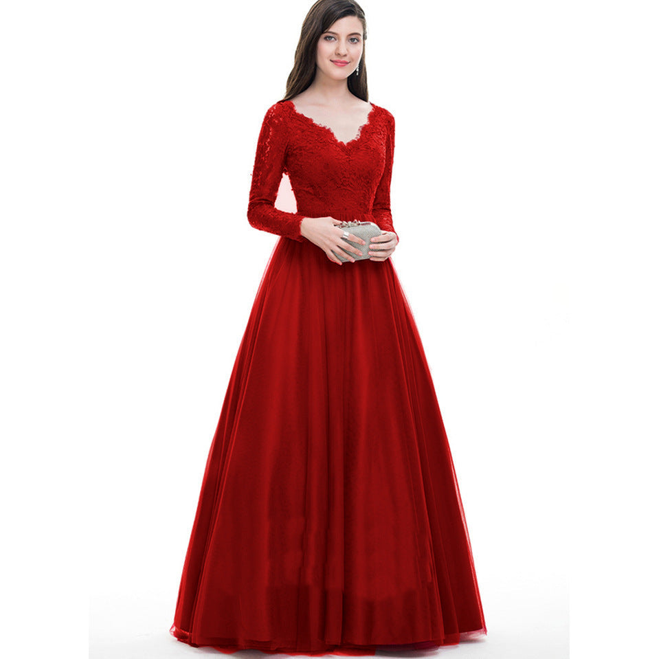 Women Mesh Lace Long Long-Sleeved Wedding Bridal Gown Dress Evening Maxi Dress