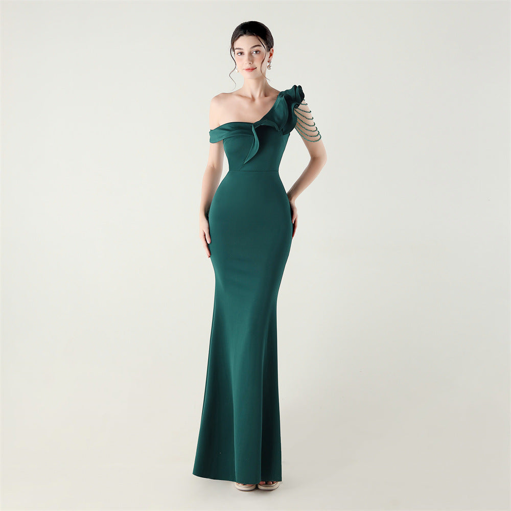 Ruffled One Shouldered Heavy Industry Beads String Slim Fit Satin Fishtail Evening Dress Wedding Red Carpet Cocktail Dress