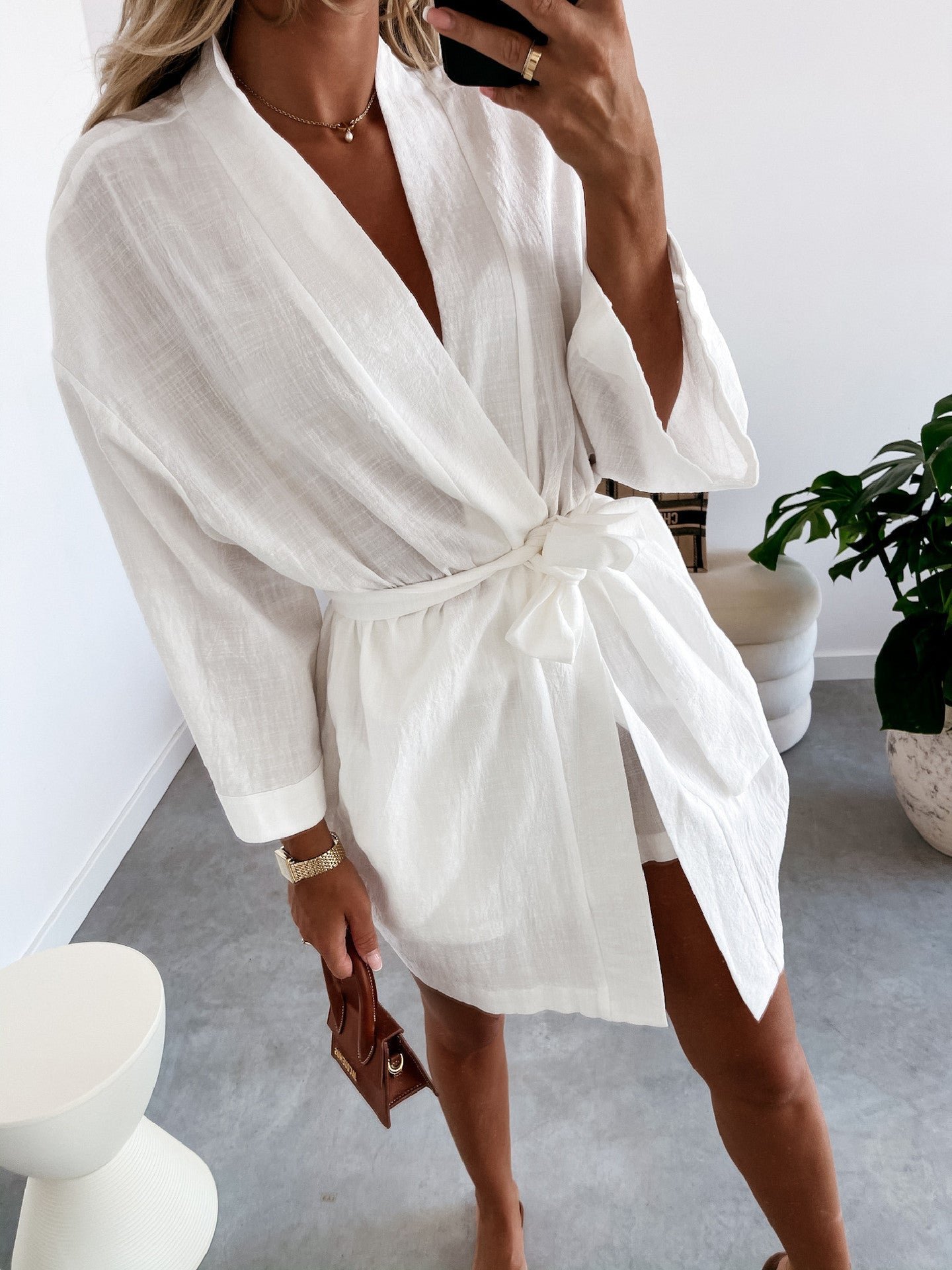 Satin Penni Balloon Sleeve Wrap Dress Ivory