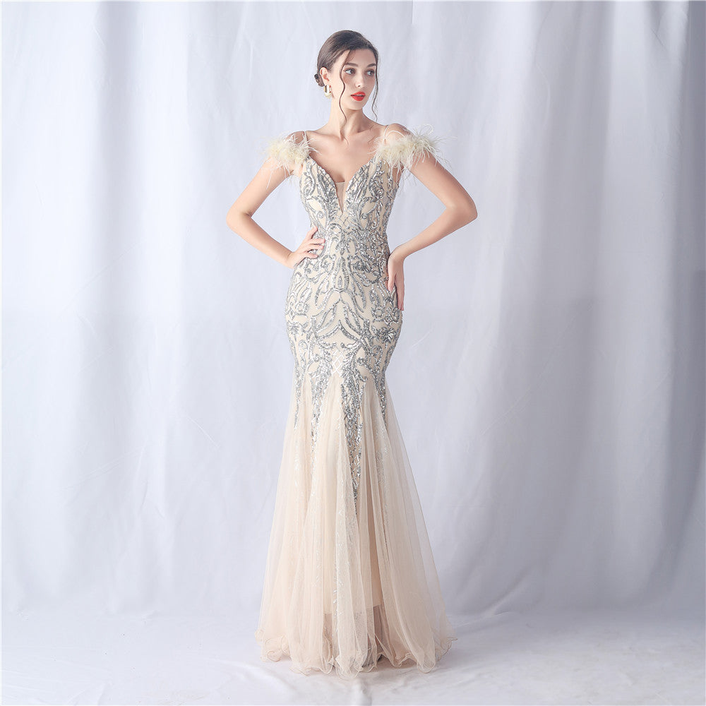 Ostrich Feather Craft Mesh Positioning Flower Sequin Annual Meeting Wedding Evening Dress