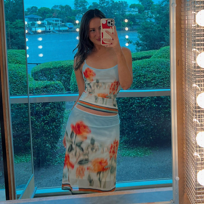Skirt Vacation Two Piece Retro Sunset Tie Dye Printed Tube Top Dress Sling Mid Length Skirt Set