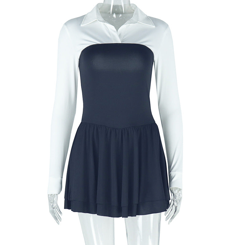 Color Solid Stitching Contrast Color Cardigan Shirt Collared Faux Two Pieces Dress Tide Dress