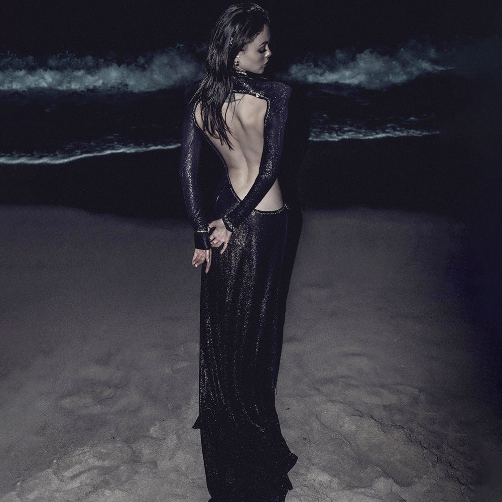 Black Wear Long Sleeve Scorpion Backless Slit Silver Silk Dress