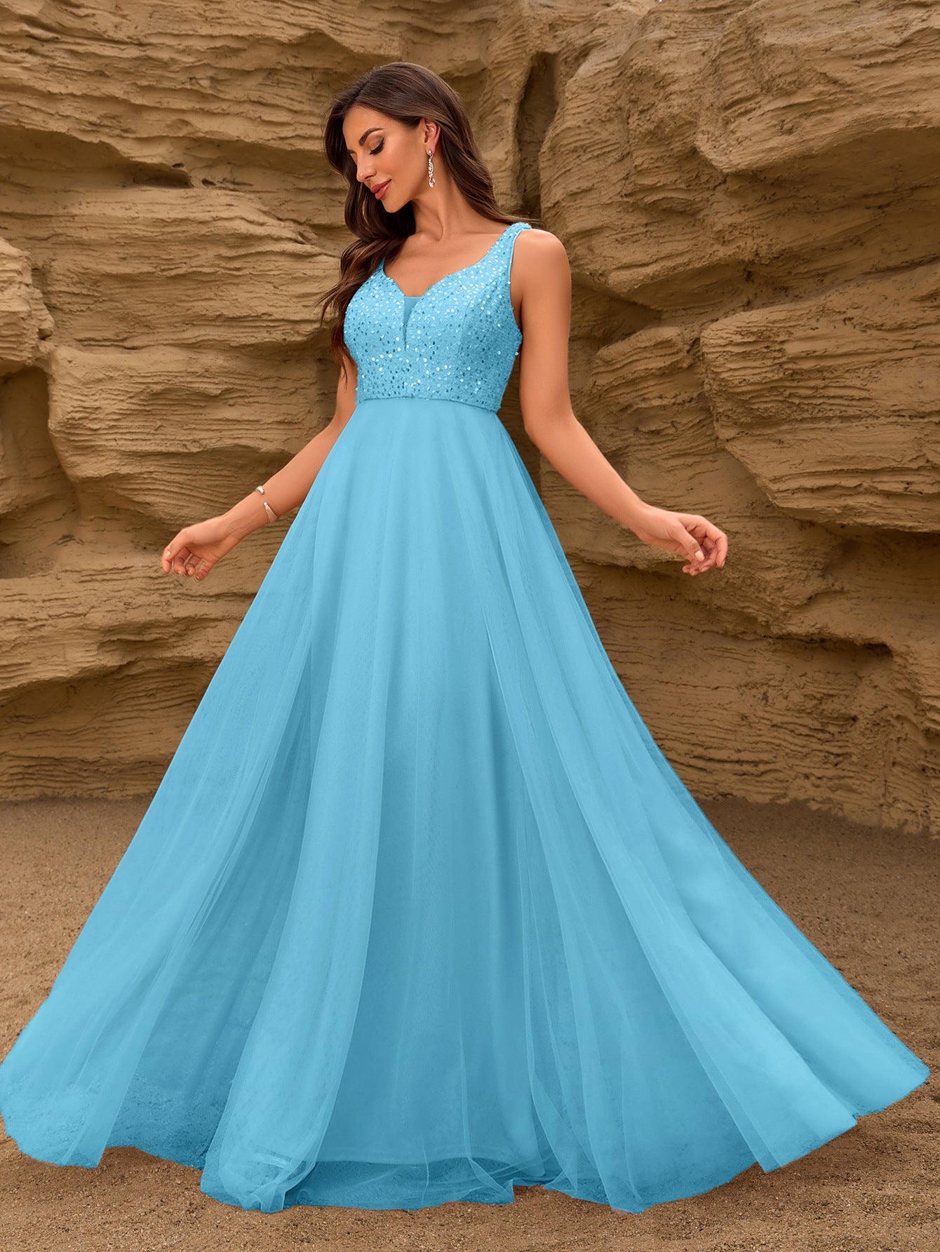 Refined Sequin Stitching Mesh Double Collar Party Dress Sleeveless Large a Hem Full Lining Maxi Dress Prom