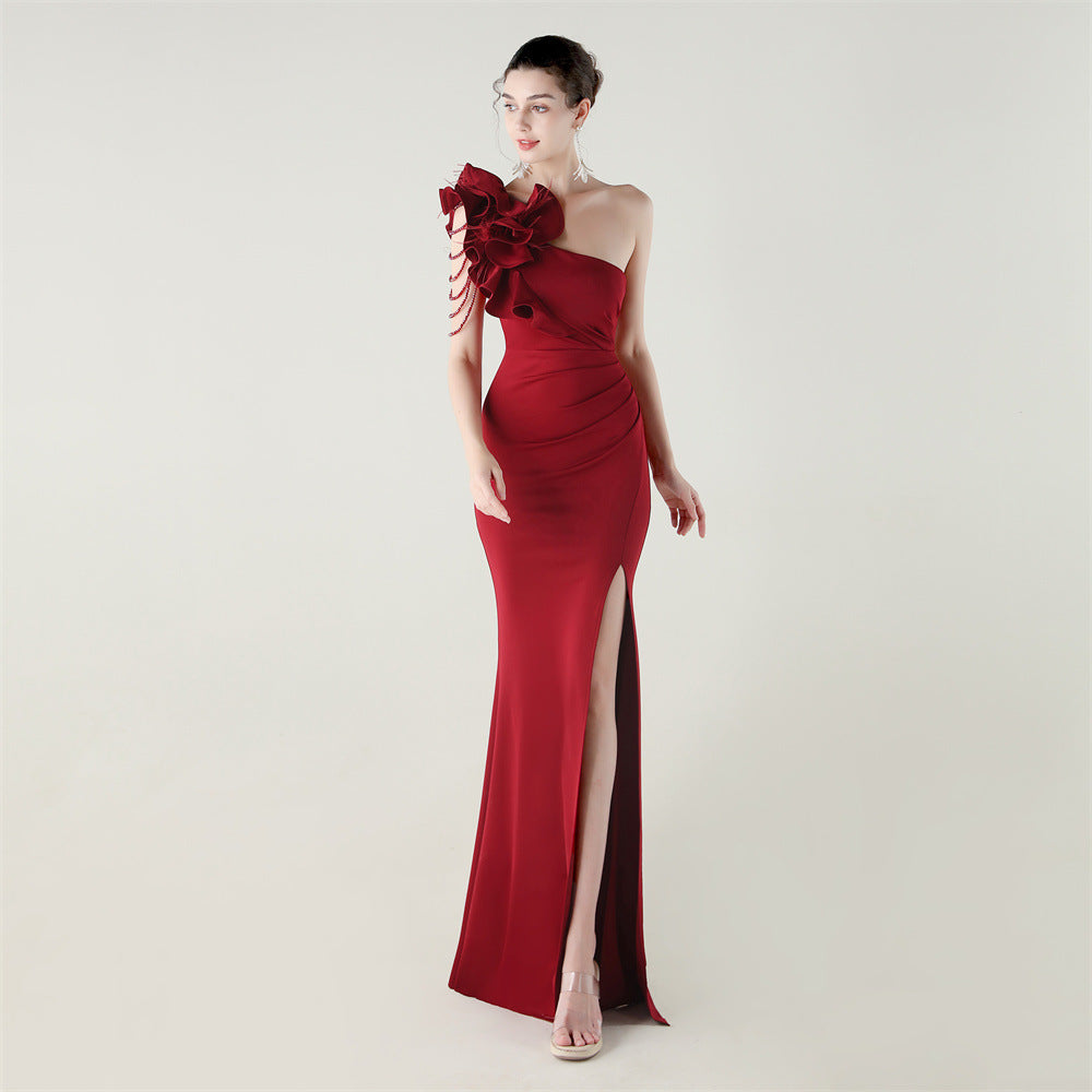 Single Shoulder Craft Beaded Nail Hair Wave Flower Satin High Slit Sexy Evening Dress Evening Cocktail Wedding