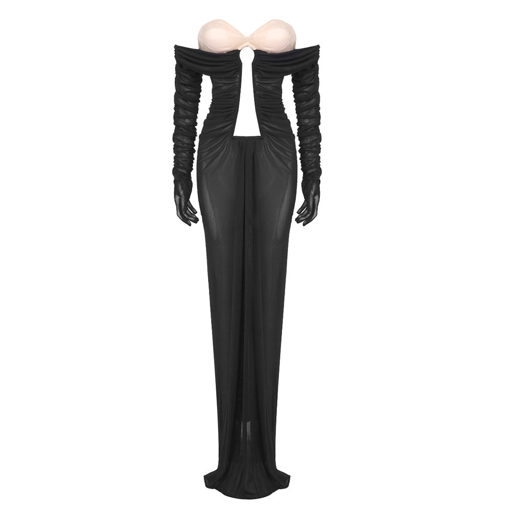 Apricot Black Hollow Out Cutout Pleated Mesh Tube Top Dress