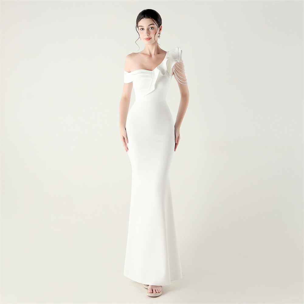 Ruffled One Shouldered Heavy Industry Beads String Slim Fit Satin Fishtail Evening Dress Wedding Red Carpet Cocktail Dress