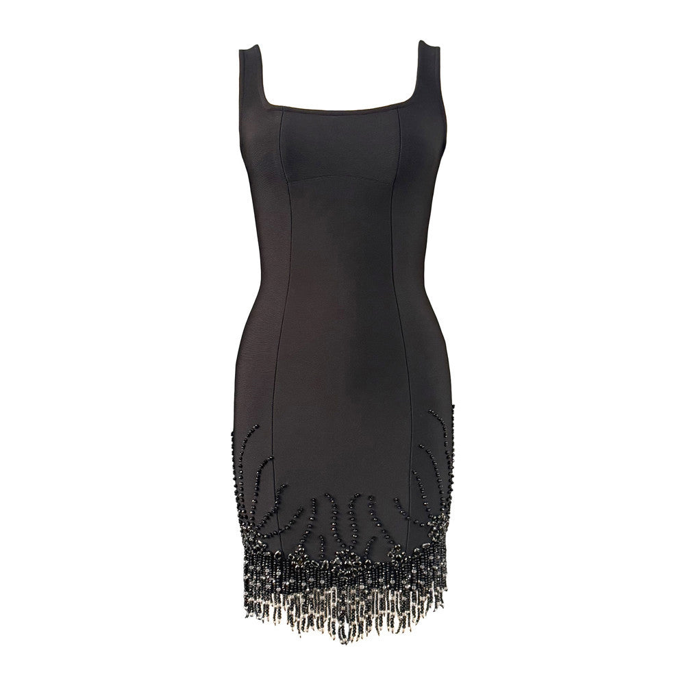 Chic Sleeveless Diamond Beaded Tassel Bandage One Piece Dress Prom Party Dinner Dress Short