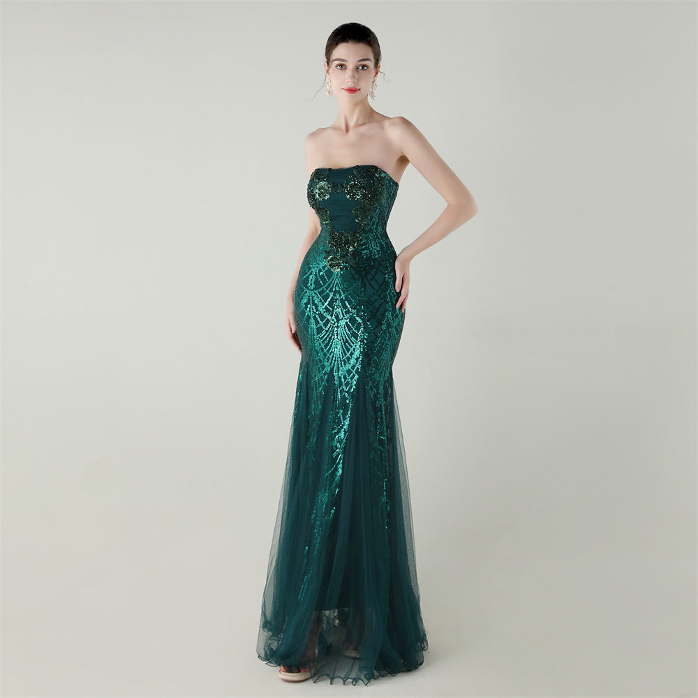 Tube Top Cross Strap Beaded Tube Flower Sequin Mesh Evening Dress Cocktail Wedding Social Elegant Clothing