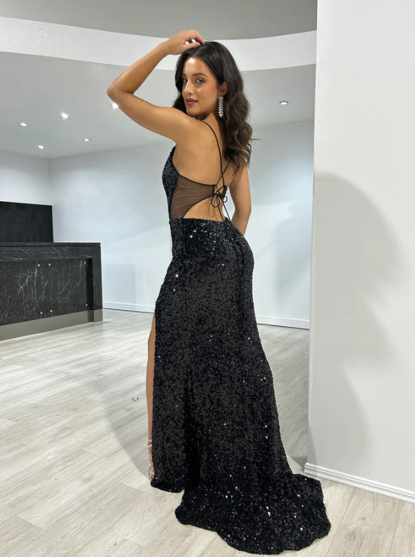 Sequined Split Chic Sling Dress Waist Controlled Cocktail Dress Slim Fit Maxi Dress