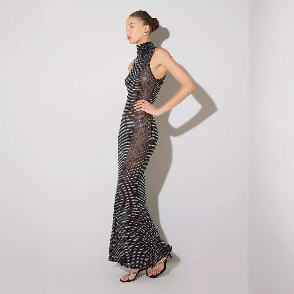 Summer Attractive Sheer Cutout Maxi Dress Mesh Rhinestone Sleeveless Maxi Dress Women