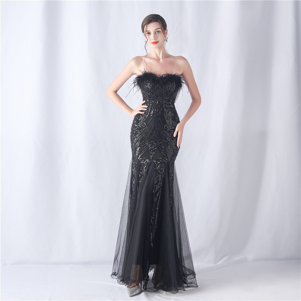 Ostrich Feather Positioning Flower Cutting Wedding Annual Meeting Tube Top Sequin Gauze Evening Dress