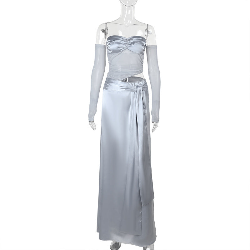 Winter Patchwork Maxi Dress Chic Slim Tube Top Satin Dress