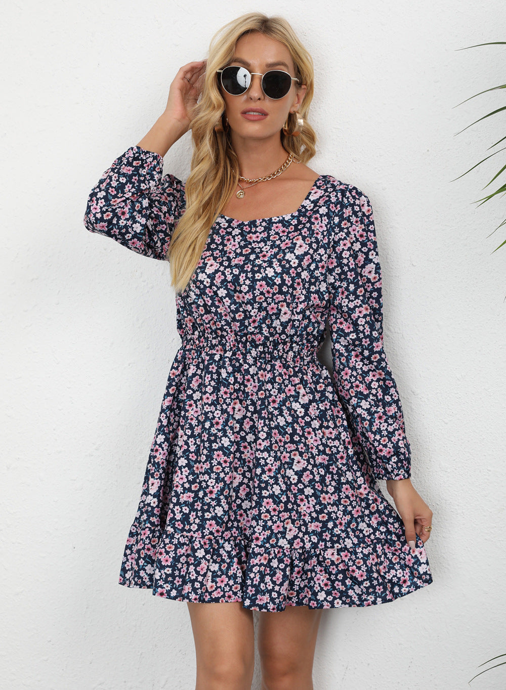 Printed Emilia Square Neck Mini Dress Navy Specks