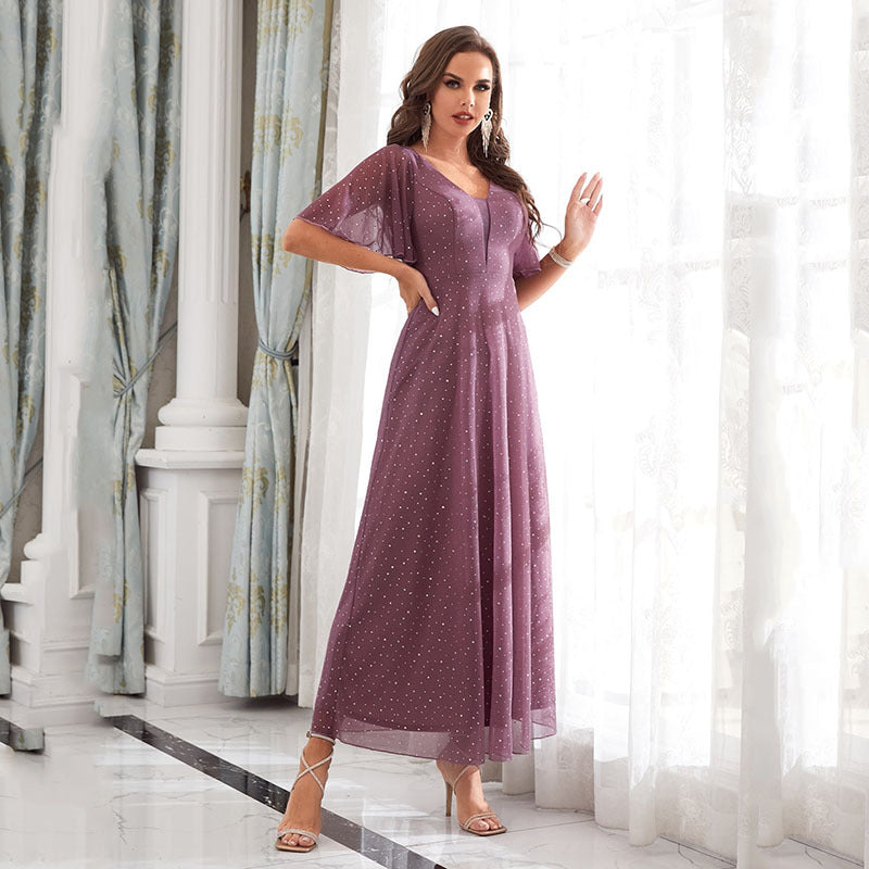 Dress Evening V neck Ruffle Bridesmaid Performance Party Dress